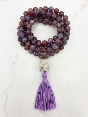 lepidolite gemstone mala necklace with lilac agate guru bead and purple tassel | radiant malas | handmade in boulder, colorado