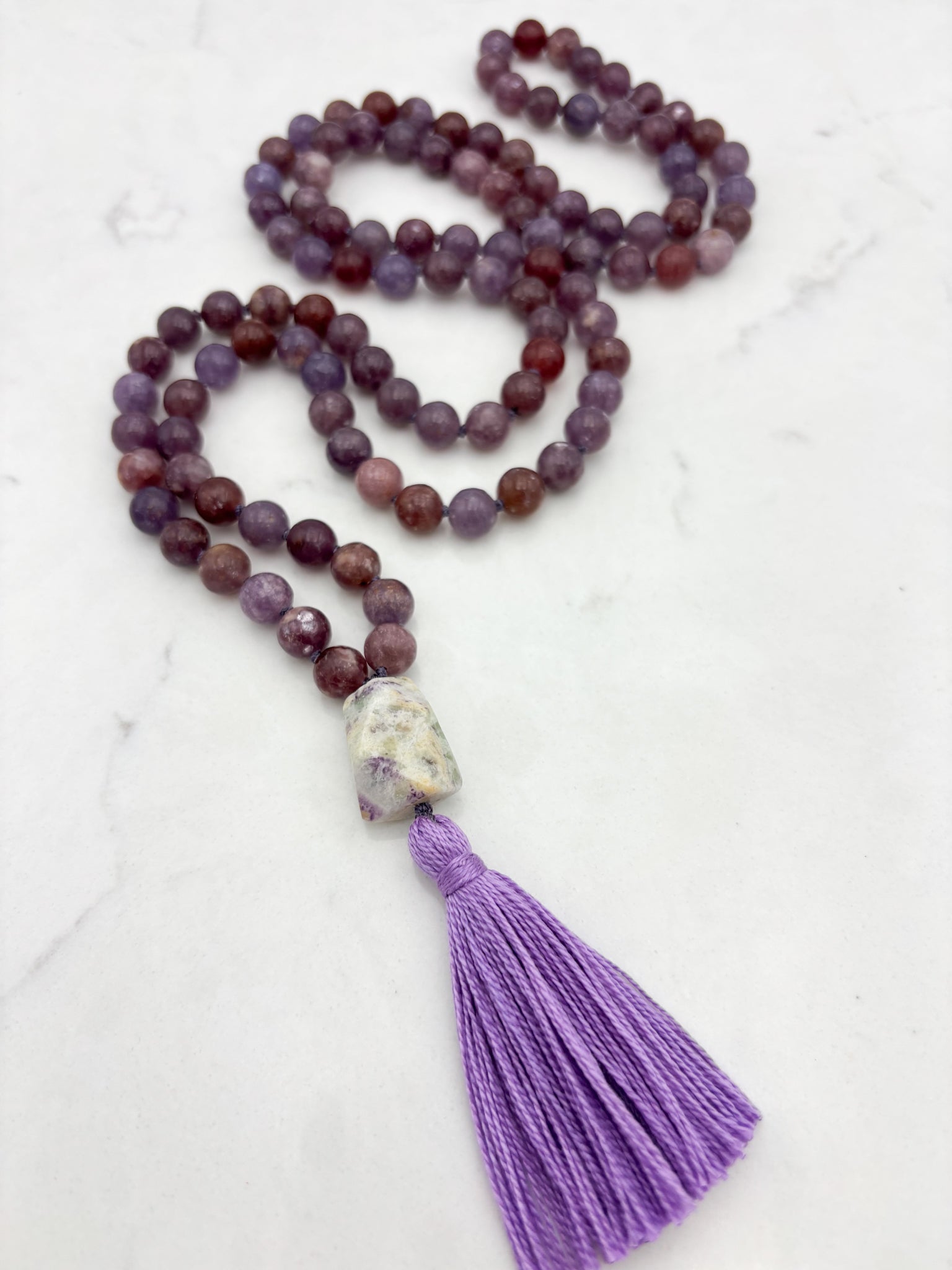 lepidolite gemstone mala necklace with lilac agate guru bead and purple tassel | radiant malas | handmade in boulder, colorado