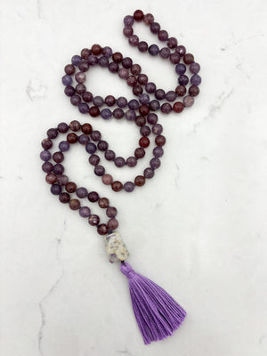 lepidolite gemstone mala necklace with lilac agate guru bead and purple tassel | radiant malas | handmade in boulder, colorado