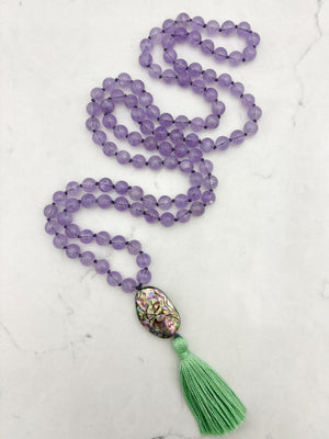 lilac amethyst gemstone mala with abalone shell guru bead and green tassel | radiant malas | handmade in boulder, colorado