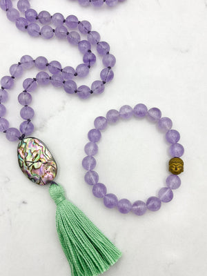 lilac amethyst gemstone mala with abalone shell guru bead and green tassel and bracelet | radiant malas | handmade in boulder, colorado