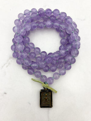 lilac amethyst gemstone mala with brass buddha pendant | radiant malas | handmade in boulder, colorado