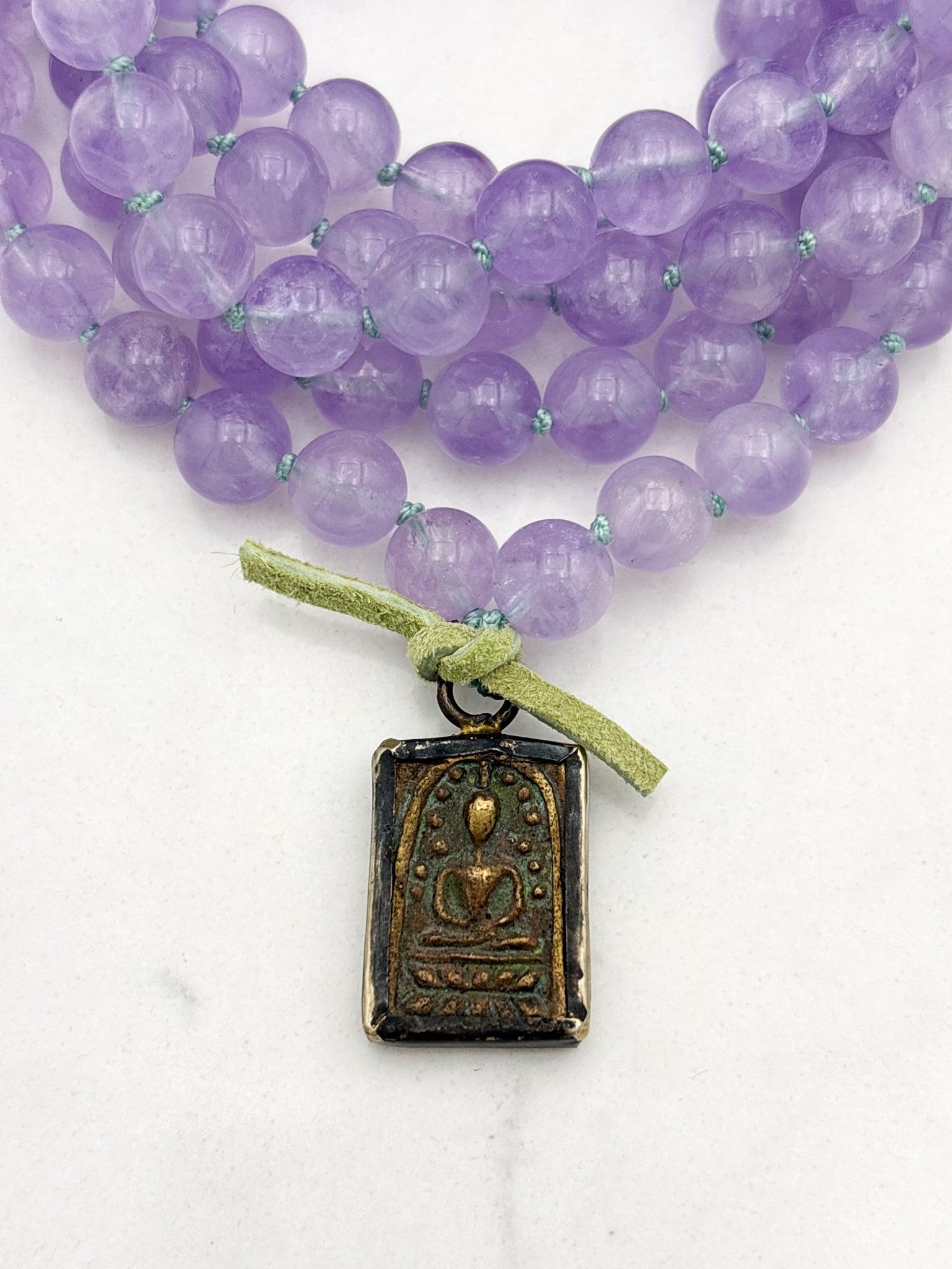 lilac amethyst gemstone mala with brass buddha pendant | radiant malas | handmade in boulder, colorado