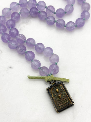 lilac amethyst gemstone mala with brass buddha pendant | radiant malas | handmade in boulder, colorado
