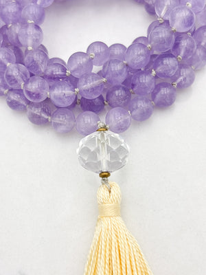 lilac amethyst gemstone mala with faceted quartz guru bead and yellow tassel | radiant malas | handmade in boulder, colorado