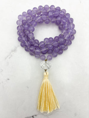 lilac amethyst gemstone mala with faceted quartz guru bead and yellow tassel | radiant malas | handmade in boulder, colorado