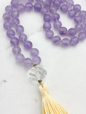lilac amethyst gemstone mala with faceted quartz guru bead and yellow tassel and bracelet | radiant malas | handmade in boulder, colorado