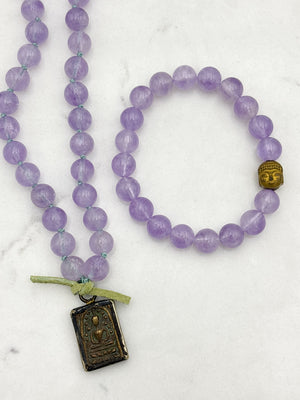 lilac amethyst gemstone mala with brass buddha pendant with bracelet | radiant malas | handmade in boulder, colorado