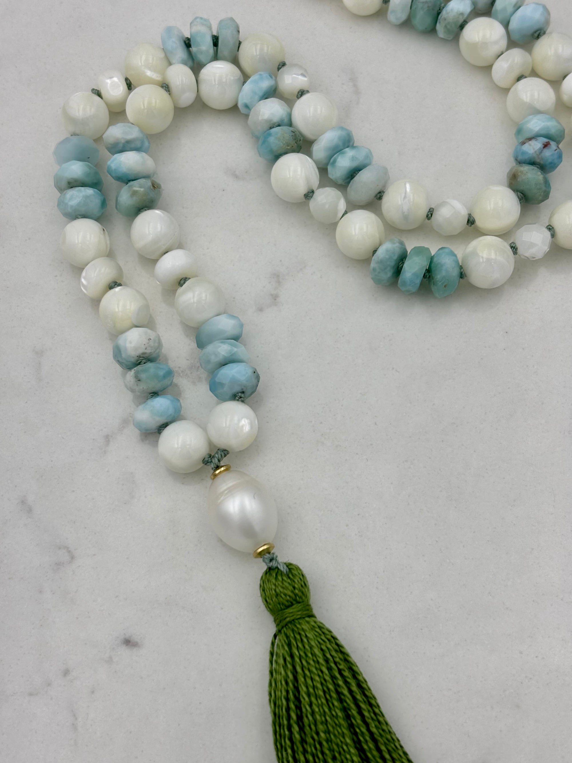 mother of pearl and larimar mala necklace | radiant malas | handmade in Boulder, colorado