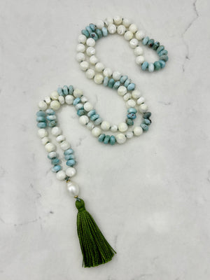 mother of pearl and larimar mala necklace | radiant malas | handmade in Boulder, colorado