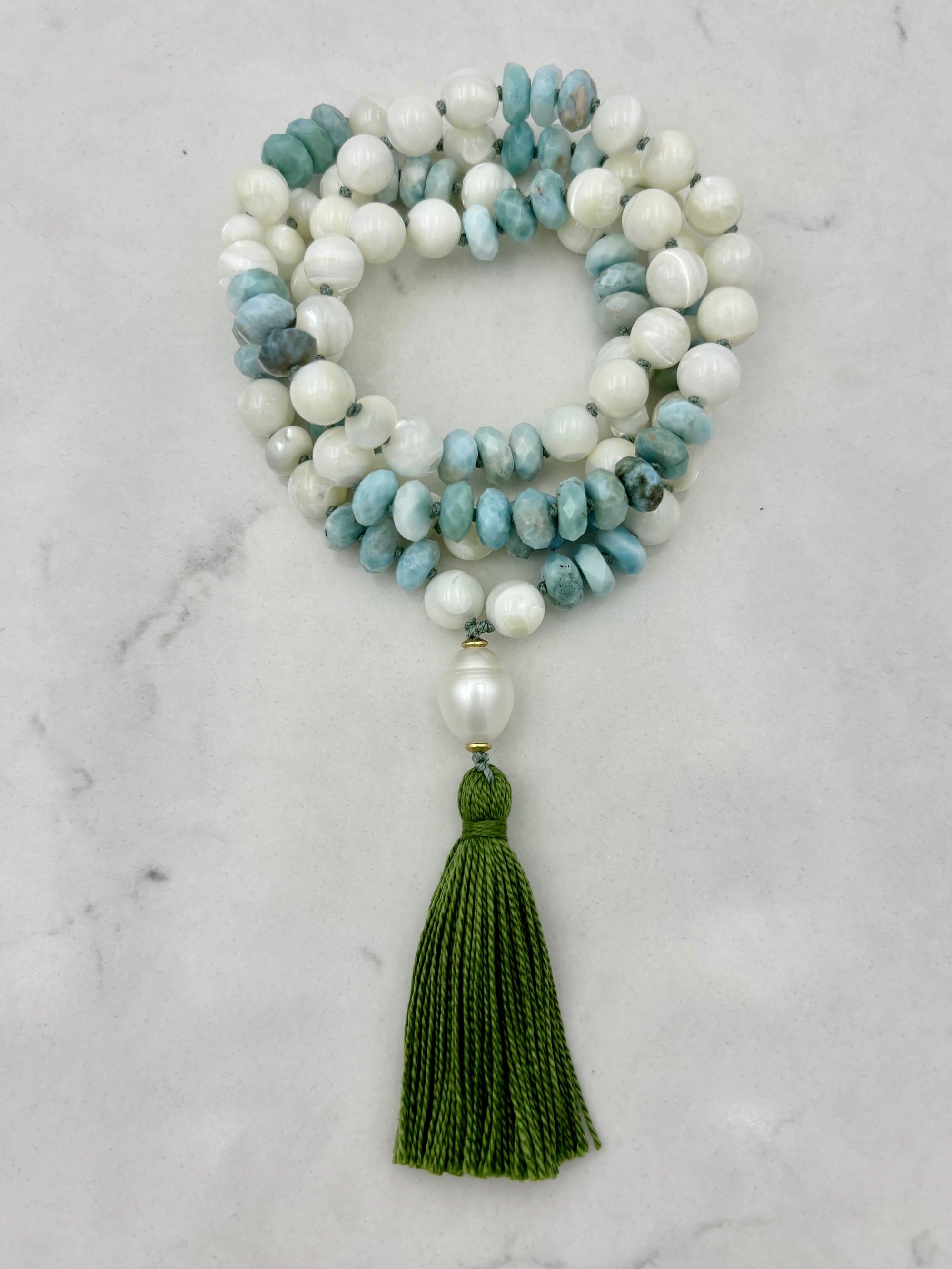 mother of pearl and larimar mala necklace | radiant malas | handmade in Boulder, colorado