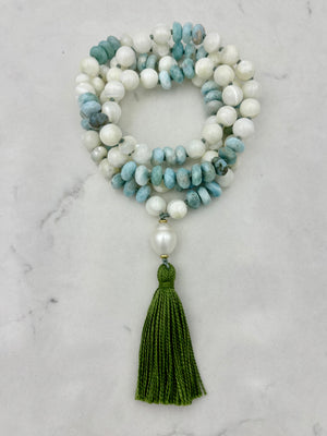 mother of pearl and larimar mala necklace | radiant malas | handmade in Boulder, colorado