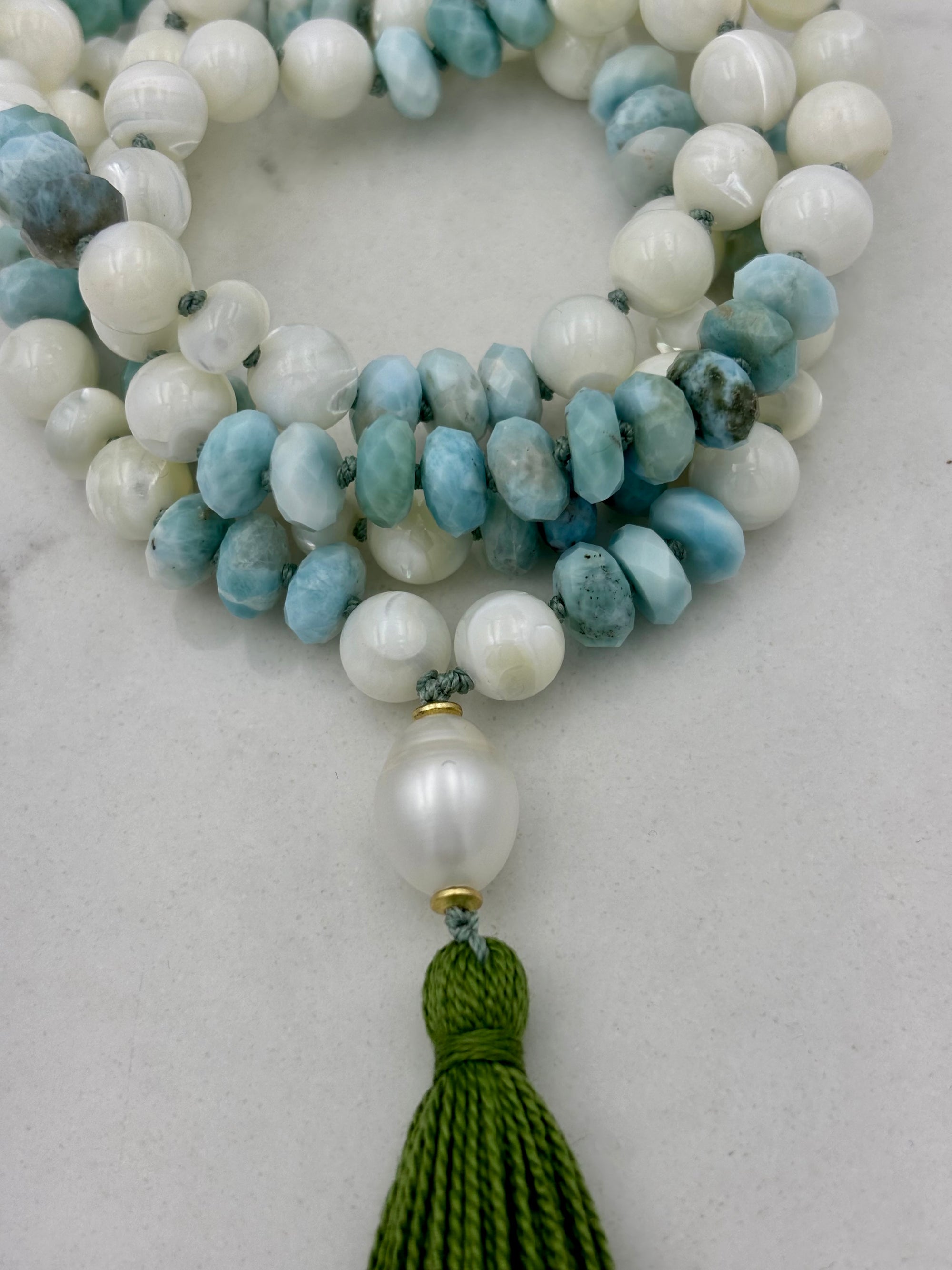 mother of pearl and larimar mala necklace | radiant malas | handmade in Boulder, colorado