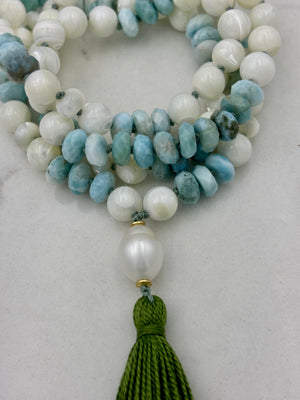 mother of pearl and larimar mala necklace | radiant malas | handmade in Boulder, colorado