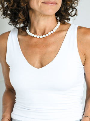 mother of pearl big bead knotted  gemstone necklace | radiant malas | handmade in boulder, colorado