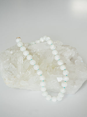 mother of pearl big bead knotted  gemstone necklace | radiant malas | handmade in boulder, colorado