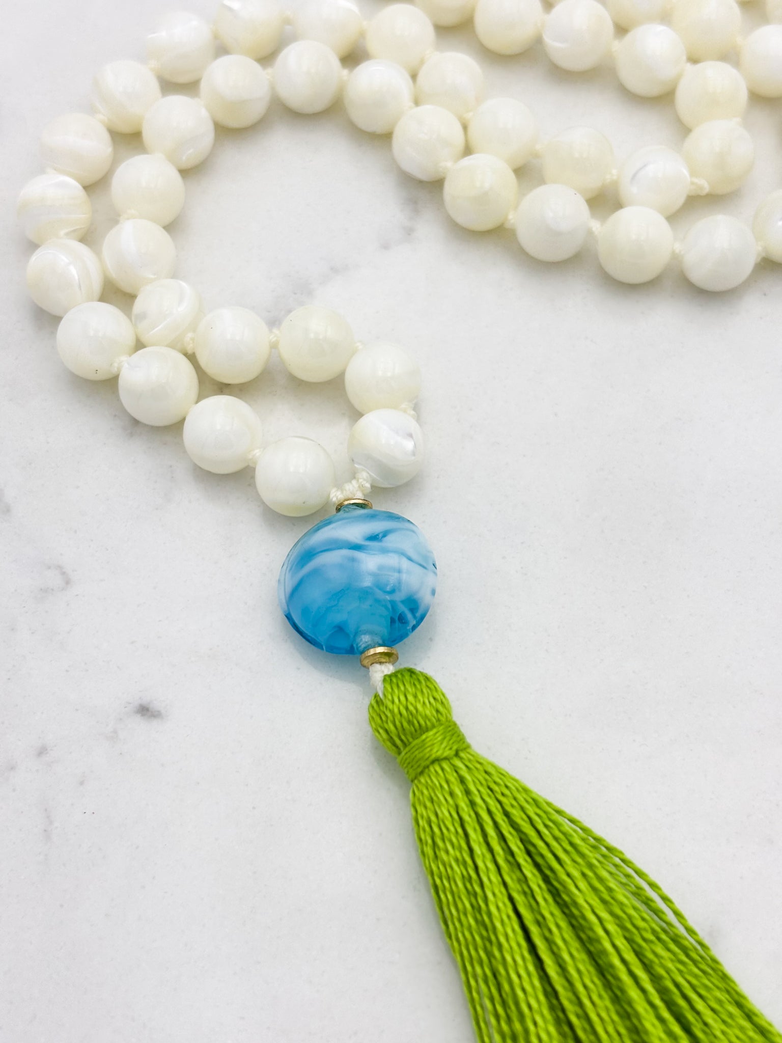 mother of pearl gemstone mala | radiant malas | handmade in boulder, colorado