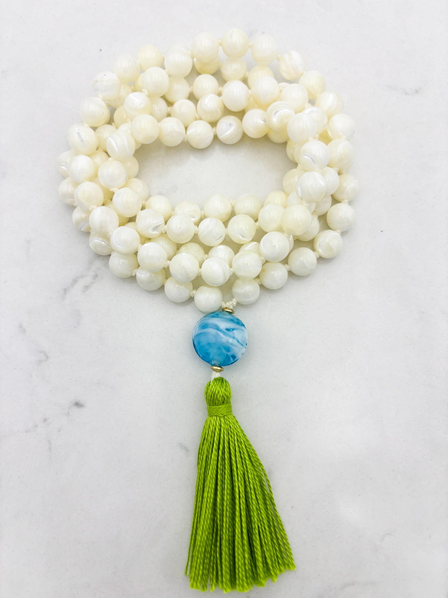 mother of pearl gemstone mala | radiant malas | handmade in boulder, colorado