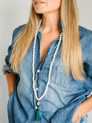 mother of pearl gemstone mala | radiant malas | handmade in boulder, colorado