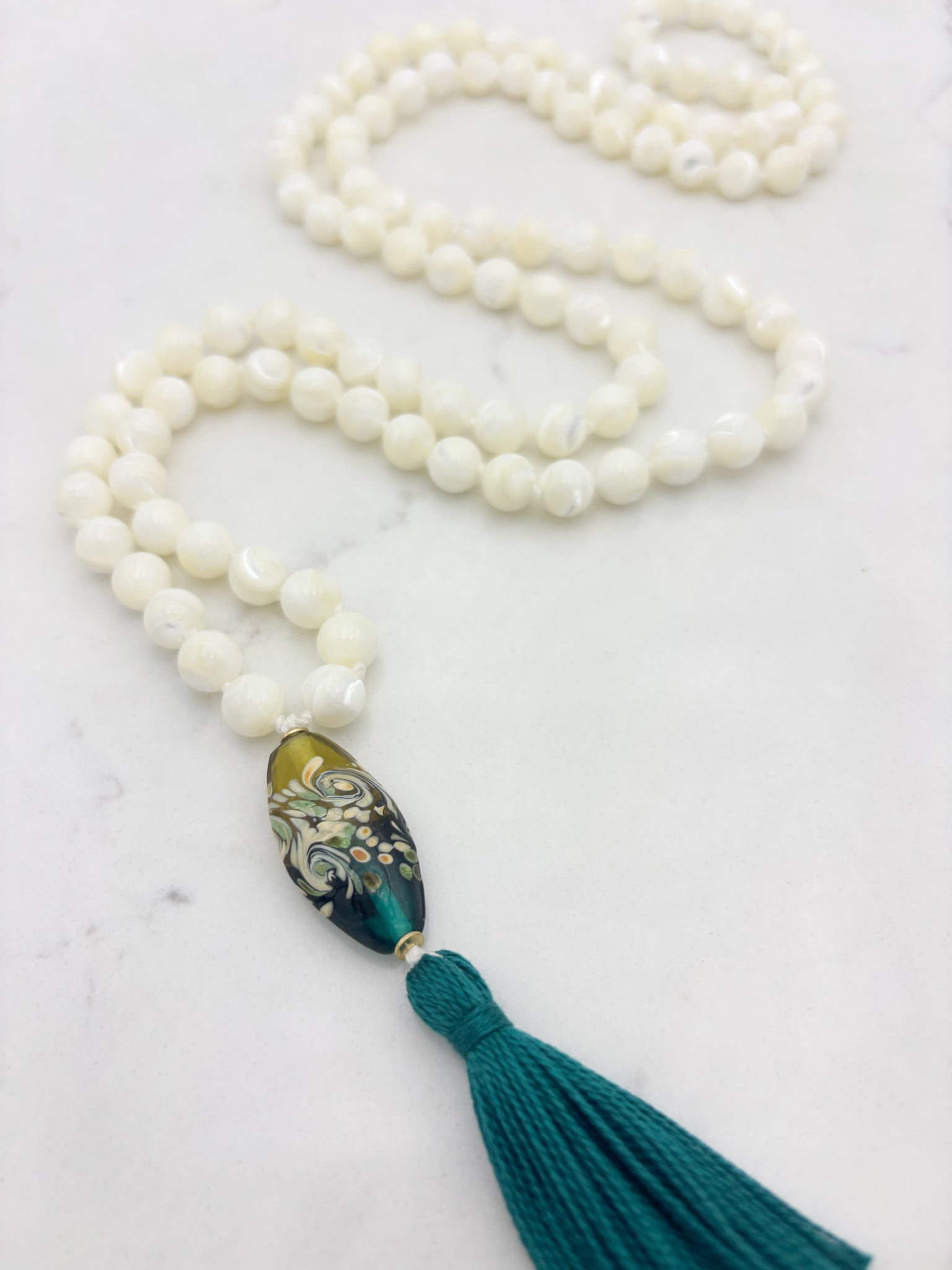 mother of pearl gemstone mala | radiant malas | handmade in boulder, colorado