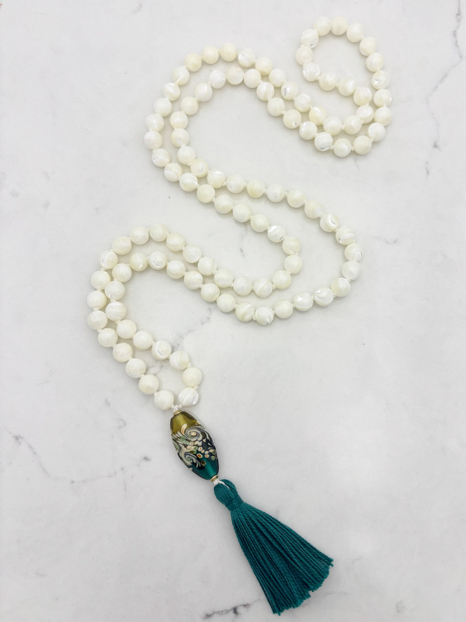 mother of pearl gemstone mala | radiant malas | handmade in boulder, colorado