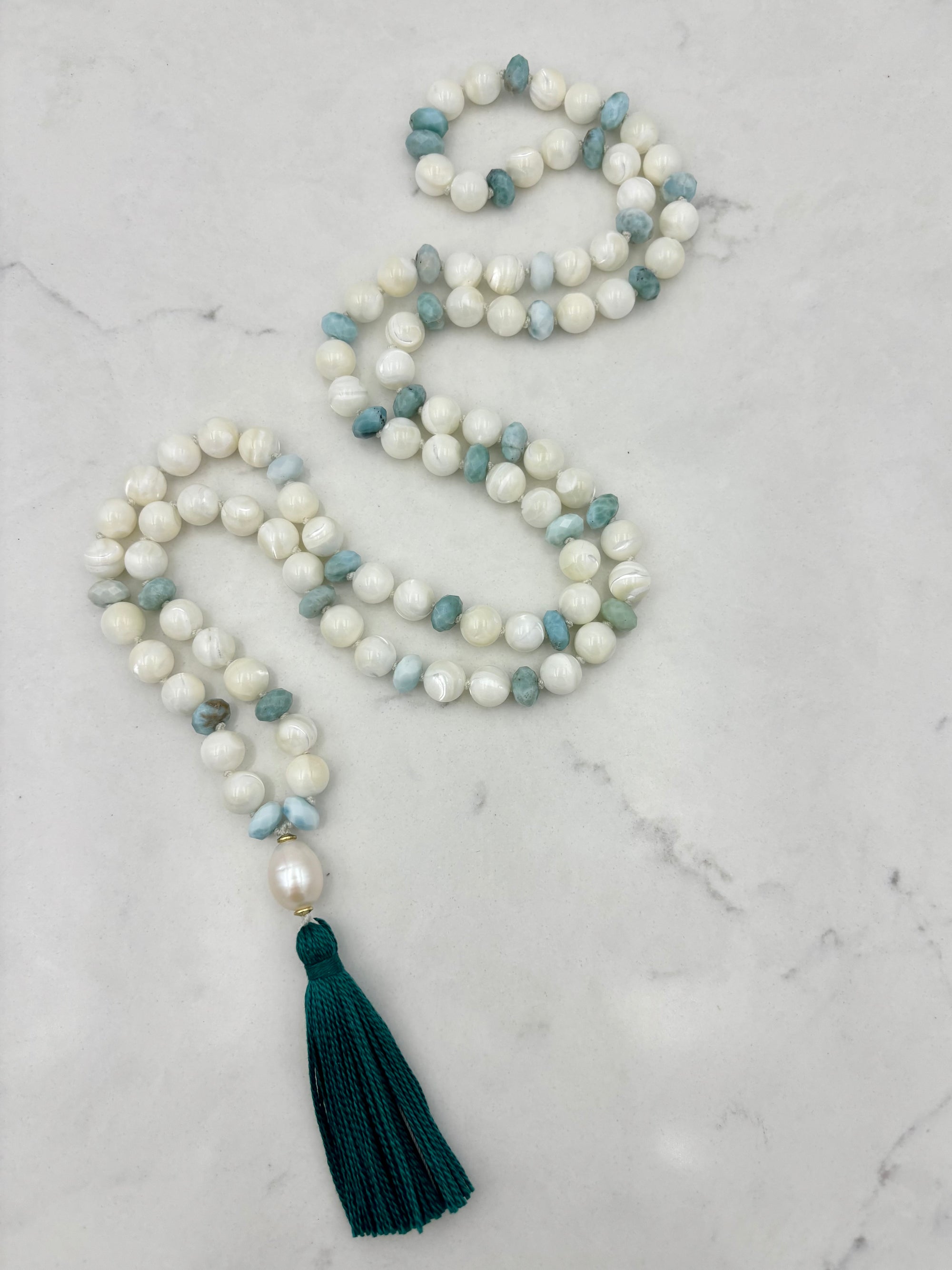 mother of pearl and larimar mala necklace | radiant malas | handmade in Boulder, colorado