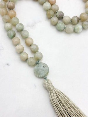 madagascar moonstone mala with azurite guru bead and beige tassel | radiant malas | handmade in boulder, colorado