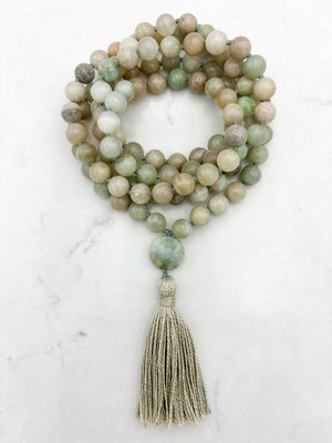 madagascar moonstone mala with azurite guru bead and beige tassel | radiant malas | handmade in boulder, colorado