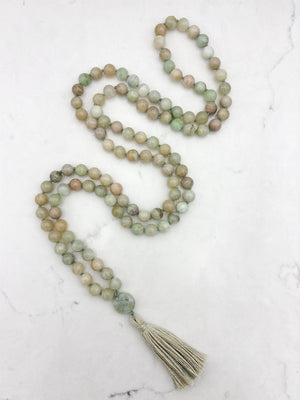 madagascar moonstone mala with azurite guru bead and beige tassel | radiant malas | handmade in boulder, colorado