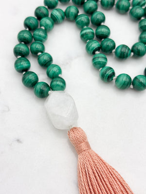 malachite gemstone mala with rock quartz guru bead and peach tassel | radiant malas | handmade in boulder, colorado