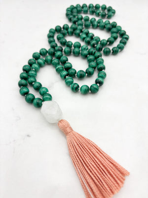 malachite gemstone mala with rock quartz guru bead and peach tassel | radiant malas | handmade in boulder, colorado