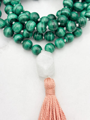 malachite gemstone mala with rock quartz guru bead and peach tassel | radiant malas | handmade in boulder, colorado