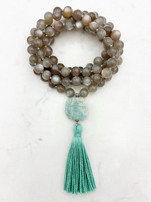 moonstone gemstone mala with amazonite guru bead and teal tassel | radiant malas | handmade in boulder, colorado