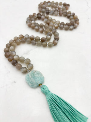 moonstone gemstone mala with amazonite guru bead and teal tassel | radiant malas | handmade in boulder, colorado