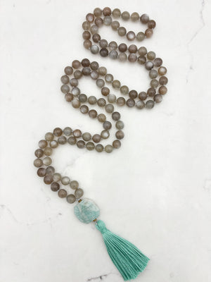 moonstone gemstone mala with amazonite guru bead and teal tassel | radiant malas | handmade in boulder, colorado
