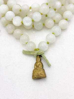moonstone gemstone mala with brass  buddha pendant | radiant malas | handmade in boulder, colorado