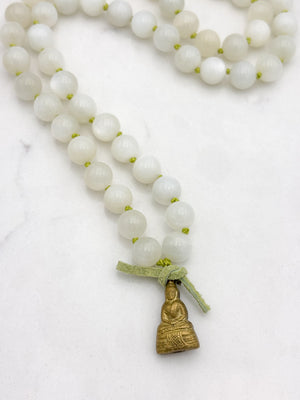 moonstone gemstone mala with brass  buddha pendant | radiant malas | handmade in boulder, colorado