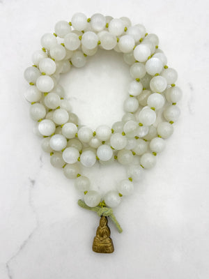 moonstone gemstone mala with brass  buddha pendant | radiant malas | handmade in boulder, colorado