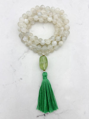 moonstone gemstone mala necklace with fluorite guru bead and green tassel | handmade in boulder, colorado | radiant malas