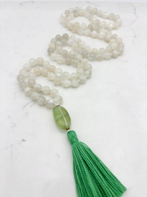 moonstone gemstone mala necklace with fluorite guru bead and green tassel | handmade in boulder, colorado | radiant malas