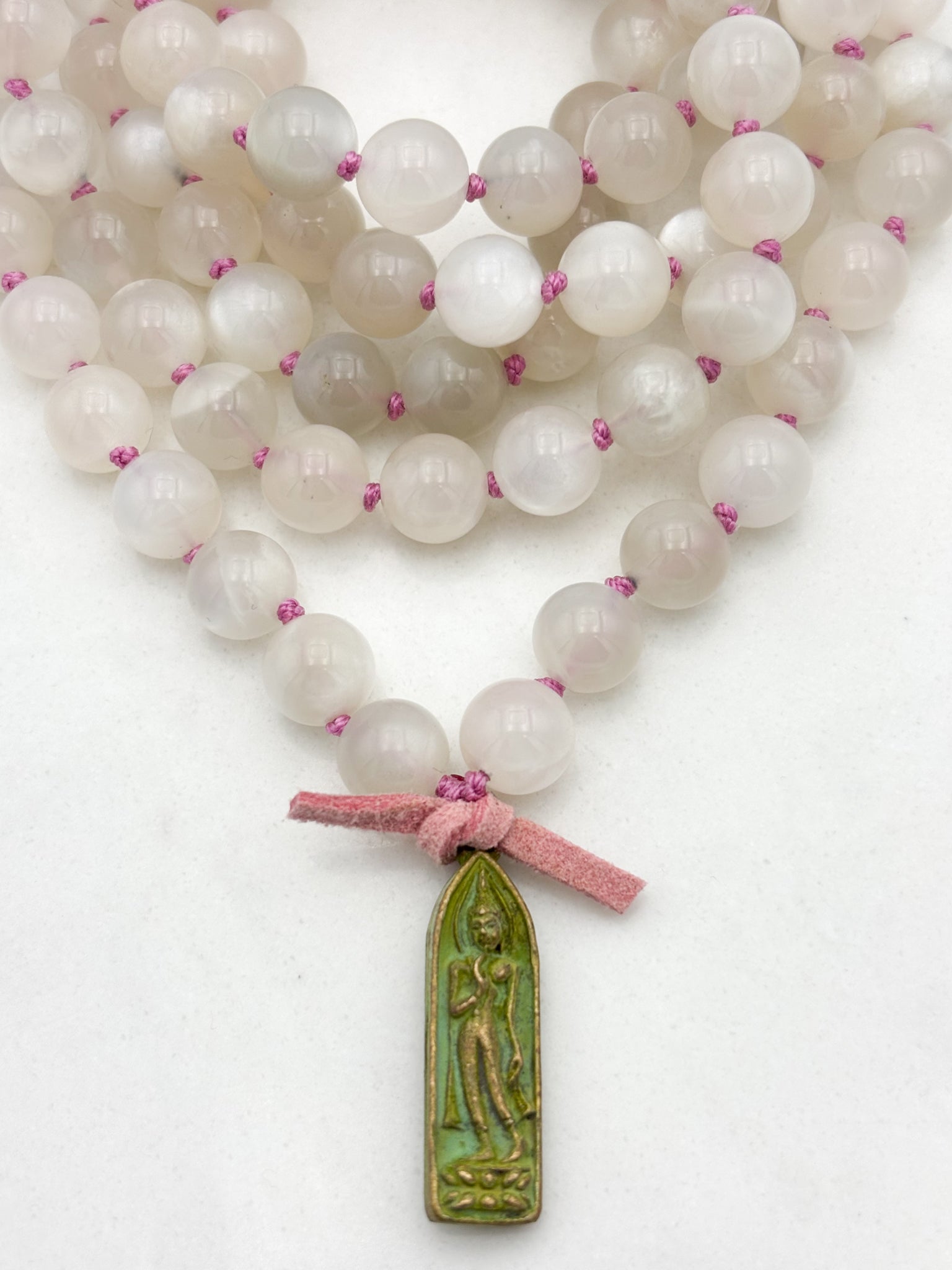 moonstone gemstone mala with brass patina buddha pendant | radiant malas | handmade in boulder, colorado