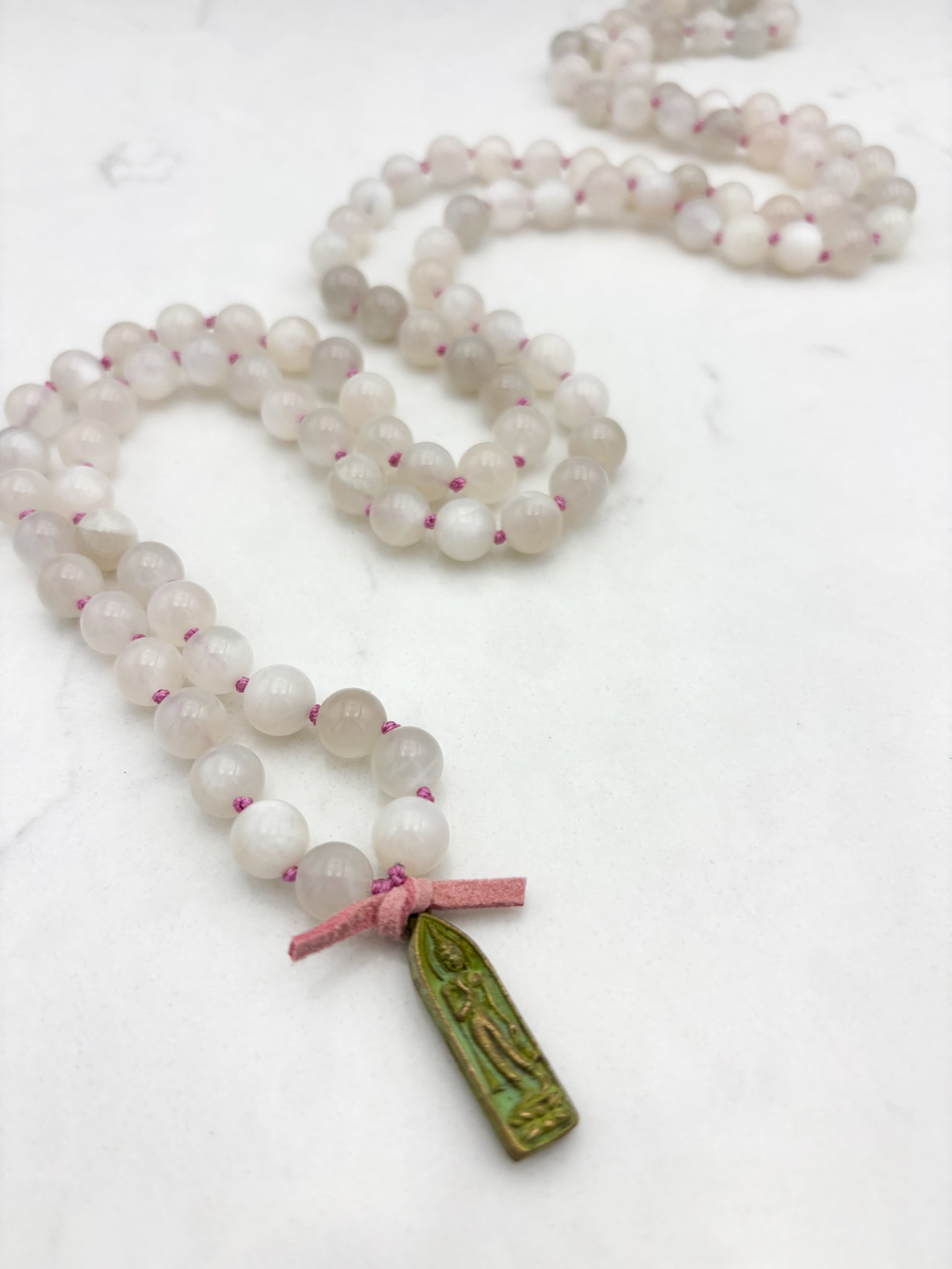 moonstone gemstone mala with brass  buddha pendant | radiant malas | handmade in boulder, colorado