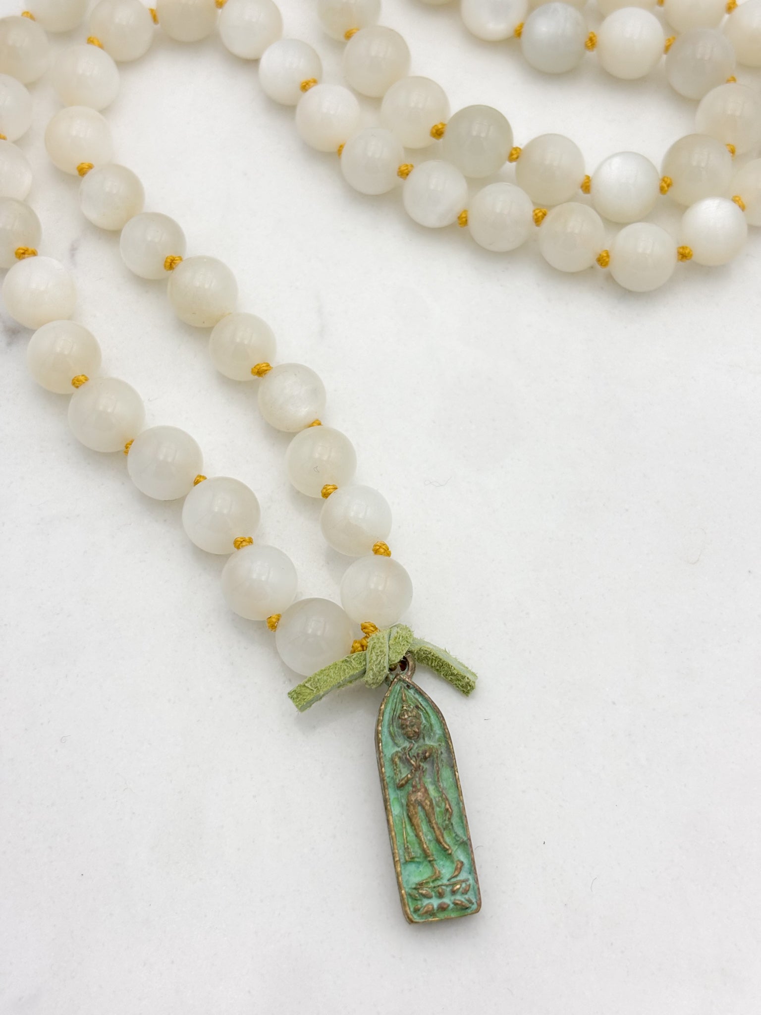 moonstone gemstone mala with brass patina buddha pendant | radiant malas | handmade in boulder, colorado