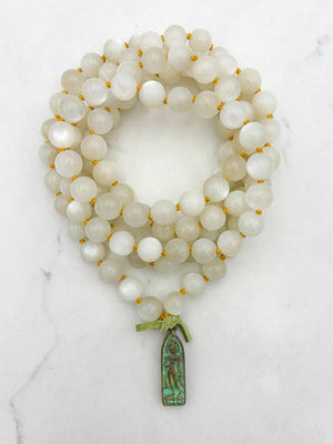 moonstone gemstone mala with brass patina buddha pendant | radiant malas | handmade in boulder, colorado