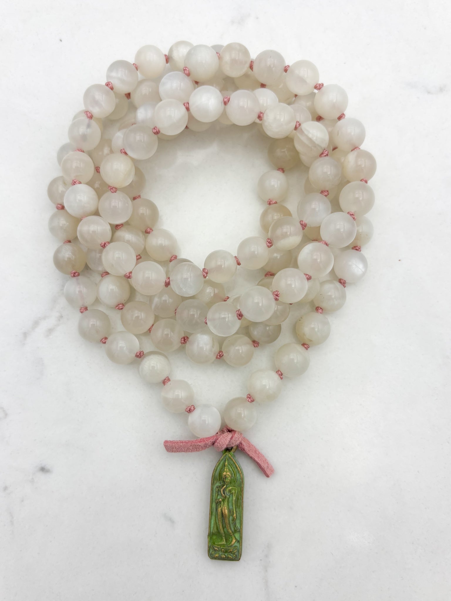 moonstone gemstone mala with brass  buddha pendant | radiant malas | handmade in boulder, colorado