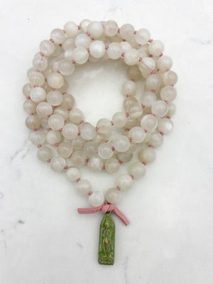 moonstone gemstone mala with brass  buddha pendant | radiant malas | handmade in boulder, colorado