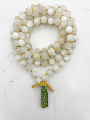 moonstone gemstone mala with verdigris brass  buddha pendant | radiant malas | handmade in boulder, colorado
