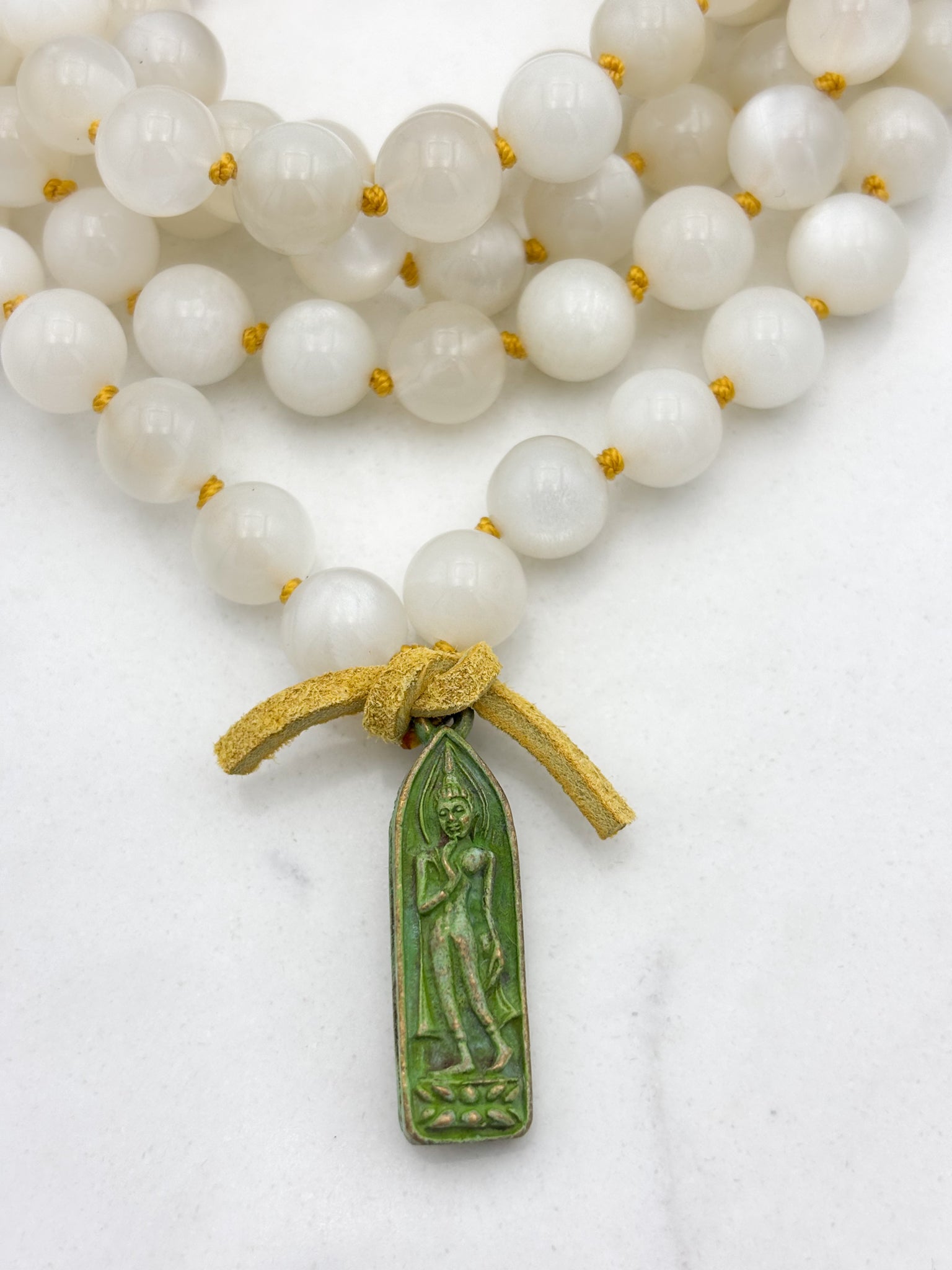 moonstone gemstone mala with verdigris brass  buddha pendant | radiant malas | handmade in boulder, colorado