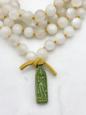 moonstone gemstone mala with verdigris brass  buddha pendant | radiant malas | handmade in boulder, colorado
