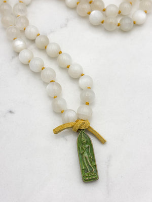 moonstone gemstone mala with verdigris brass  buddha pendant | radiant malas | handmade in boulder, colorado
